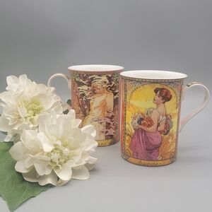 Victorian Trading Co Bone China Mugs Alphonse Much Summer and Winter Art Nouveau